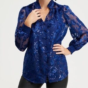 Chicos Floral Felt Metallic Thread Navy Blue Blouse 2.5